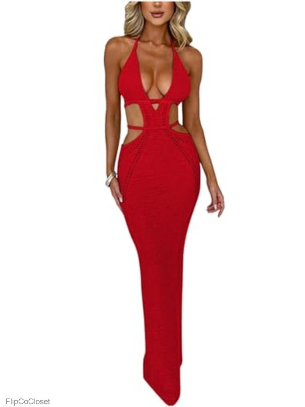 Women's Crochet Halter Maxi Dress Sexy Backless Summer Beach Vacation Dress